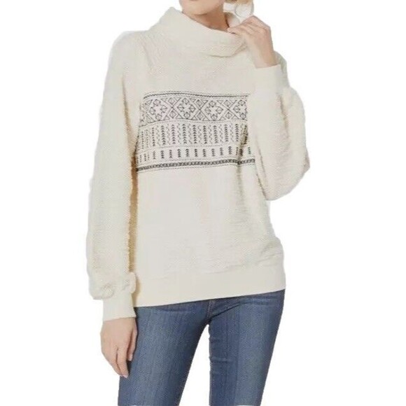 Lucky brand cowl neck sweater ivory Sz. XL  black geometric thread design NEW - Picture 2 of 8